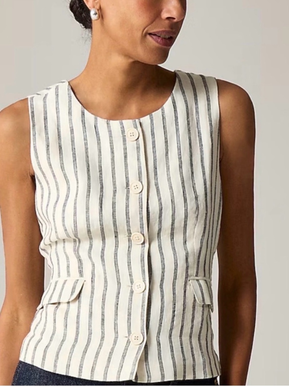 J Crew size 4 NWT striped Sleeveless Button Front Linen Vest - Cream & gray